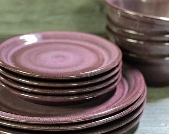 12 Piece Purple Pottery Dinnerware Service for Handmade