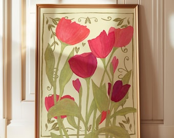 Vintage Tulip Print, pink tulip printable, botanical print, spring wall art, pink flower print