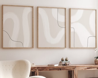 Neutral wall art set of three, neutral print set, minimal gallery wall, neutral abstract print set, minimal line art, modern art set