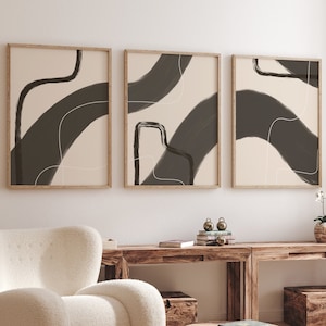 Neutral Abstract Print Set of Three, modern abstract wall art, beige and black wall art, abstract line art set, minimal wall art
