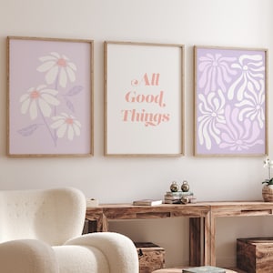 Purple Wall Art Set of 3, lilac print set, good things quote, light purple art, lavender wall art, purple flower printable