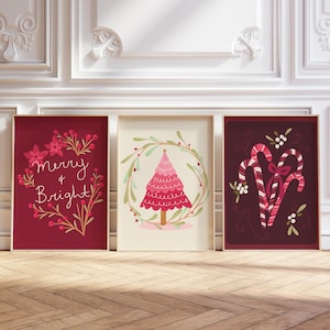 Pink Christmas Print Set of Two, pink winter wall art, pink and red Christmas, trendy Christmas prints, candy cane decor, sweet holiday art