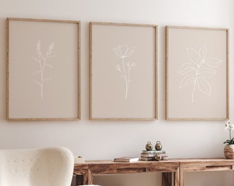 Neutral Botanical print set of 3, neutral flower line art set, abstract botanical prints, cute flower line art set, neutral line print set