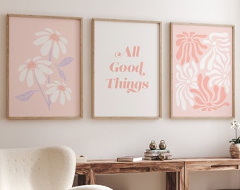 Pink Wall Art Set of 3, light pink print set, pink flower art, cute flower set, pink nursery art, pink quote print, pink and white print set