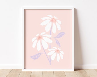 Daisy wall art, cute pink flower art, pink and white flower print, minimal flower art, daisy nursery print, botanical printable