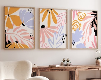 Juego de impresión floral brillante de 3, conjunto de impresión botánico, conjunto de impresión de flores retro, floral colorido, arte de pared de vivero brillante, lindo arte de pared de oficina