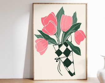 Pink Tulip Print, Pink flower wall art, flower bouquet print, cute pink print, pink nursery decor, pink kitchen wall art, pink retro print