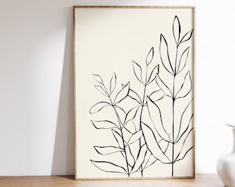 Puede incluir: Un dibujo en blanco y negro de hojas estilizadas sobre un fondo crema. El dibujo está enmarcado en un marco de madera fino.