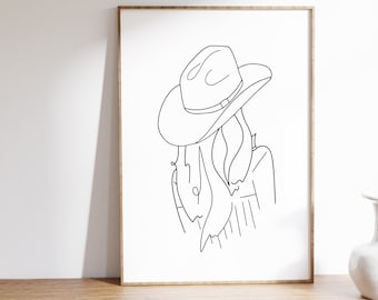 Western Line art, cute cowgirl print, western decor, face line art, cowgirl hat art, western wall art