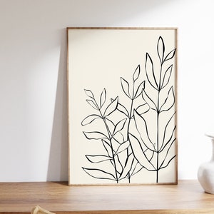 Botanical Line Art, neutral wall art, minimal wall art, leaf print, spring wall art, neutral bathroom decor, neutral flower print