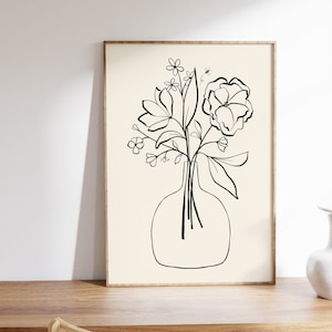 Flower line art print, flower bouquet print, neutral flower wall art, neutral botanical print, flower vase print, minimal flower wall art
