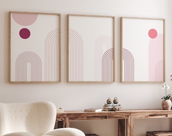 Rosa väggkonsttryck i modern stil med 50-talsmotiv, set om 3 (digital nedladdning)