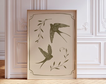 Swallow print, cute bird print, swallow wall art, beige prints, antique victorian print