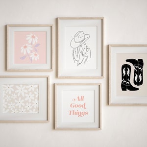 Western Wall Art Set of 5, cowgirl print set, pink print set, pink flower print set, neutral wall art, cute line art print, cowgirl decor