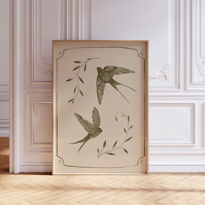 Swallow print, cute bird print, swallow wall art, beige prints, antique victorian print
