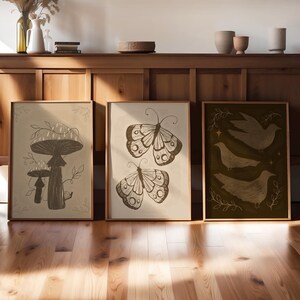Autumn Art Set of Three, earthy wall art, spooky printable, neutral prints, whimsical art, cozy fall decor, fungi illustration image 1