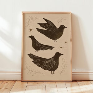 カラスのイラストプリント：不気味な秋のウォールアート（デジタルダウンロード）