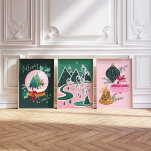 Pink Christmas wall art set of three, holiday gallery wall, fun holiday wall art, pink nursery Christmas decor, winter wall art set of 3