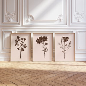 Minimal Flower Wall Art, Neutral flower print set of 3, vintage inspired wall art, earth tone wall art, modern victorian, neutral botanical
