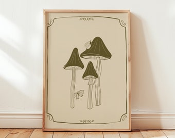 Mushroom print, woodland wall art, cottagecore print, mushroom nursery decor, dark green print, whimsical print