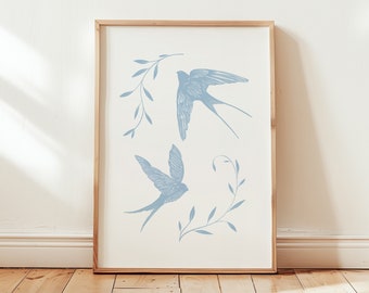 Blue and White Swallow print, blue vintage wall art, bird illustration, victorian blue print