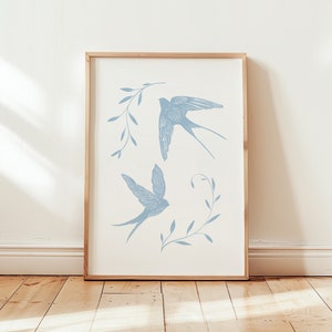 Blue and White Swallow print, blue vintage wall art, bird illustration, victorian blue print