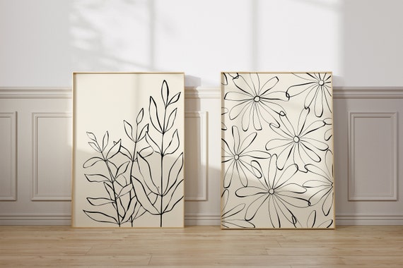 Minimal Wall Art Set of 2, flower line art set, neutral wall art set, black and beige wall art set, botanical print, neutral nursery decor