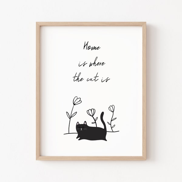 Home is where the cat is print, cat quote printable, black cat printable, cat owner gift, cute cat illustration