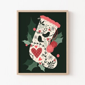 ストッキングの印刷物、かわいいクリスマスの印刷物、緑のクリスマスアート、冬の壁アート、北欧のクリスマスプリント、ヒイラギのプリント