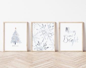Winter Set of Three Prints, Christmas print set, winter wonderland, snowflake print, winter tree print, merry and bright, Boho Christmas