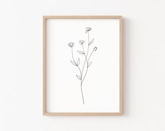 Minimal Flower Print, Minimal flower printable, minimal wall art, line art, botanical prints, botanical wall art, black and white flower art