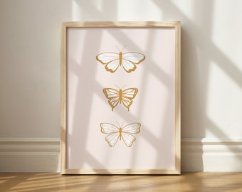 Neutral Butterfly printable, Golden butterfly print, boho nature print, boho nursery print, pale pink nursery print, cute bedroom wall art