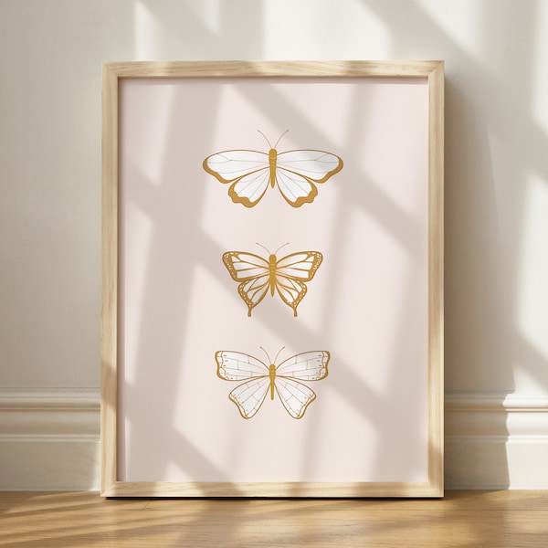 Neutral Butterfly printable, Golden butterfly print, boho nature print, boho nursery print, pale pink nursery print, cute bedroom wall art