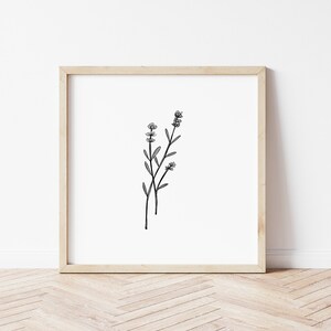 May include: A black and white line drawing of a sprig of lavender flowers in a simple wooden frame.