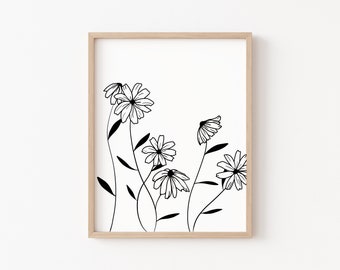 Minimal Flower Print, Daisy flower print, Daisy art print, flower line art, botanical print, minimal line drawing daisy