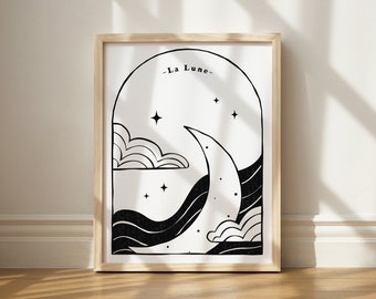 Moon Printable, abstract moon print, moon tarot print, whimsical print, black and white moon print, moon nursery print, celestial line art