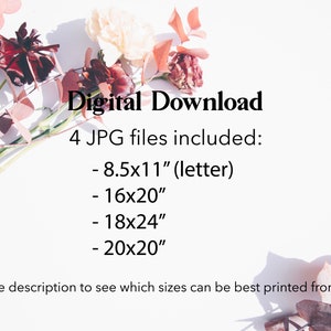 May include: Digital download of 4 JPG files of floral arrangements in various sizes: 8.5x11 inches (letter), 16x20 inches, 18x24 inches, and 20x20 inches. The image shows a white background with pink and red flowers.