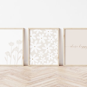 Neutral Spring Print set, neutral flower print set of three, neutral nursery print set, boho set of 3 prints, minimal flower print set