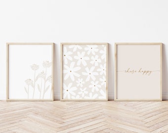 Neutral Spring Print set, neutral flower print set of three, neutral nursery print set, boho set of 3 prints, minimal flower print set
