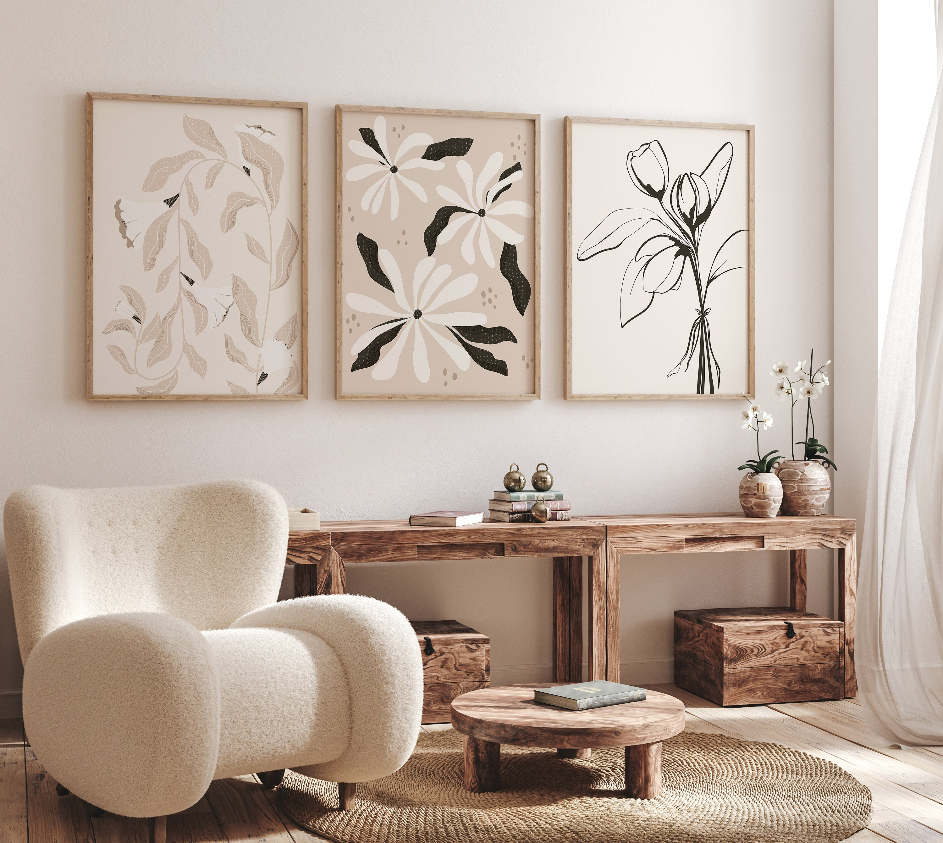 Neutral Botanical Print Set of Three, Cute Neutral Boho Wall Art Set ...