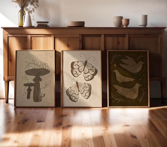 Autumn Art Set of Three, earthy wall art, spooky printable, neutral prints, whimsical art, cozy fall decor, fungi illustration