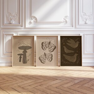 Autumn Art Set of Three, earthy wall art, spooky printable, neutral prints, whimsical art, cozy fall decor, fungi illustration image 2
