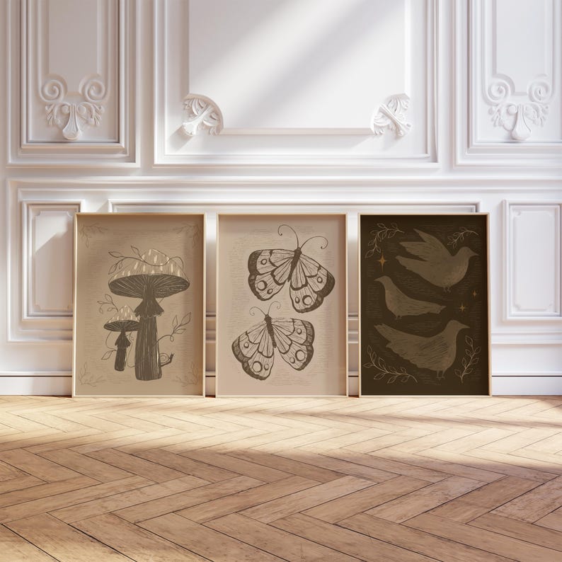 Autumn Art Set of Three, earthy wall art, spooky printable, neutral prints, whimsical art, cozy fall decor, fungi illustration image 2