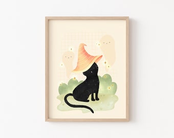 Halloween Cat print, cute halloween print, witchy cat, cute ghost printable, whimsical cat print