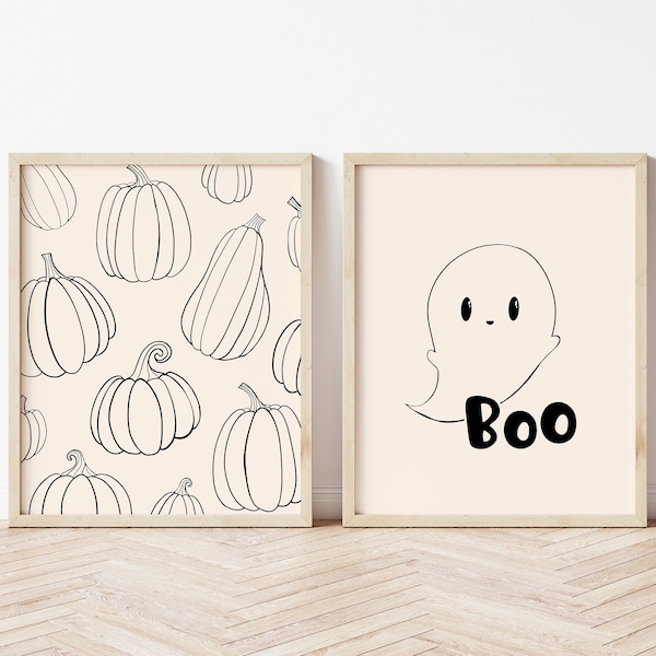 Cute Halloween Print Set of 2, minimal halloween decor, cute pumpkin print set, modern halloween, cute halloween nursery