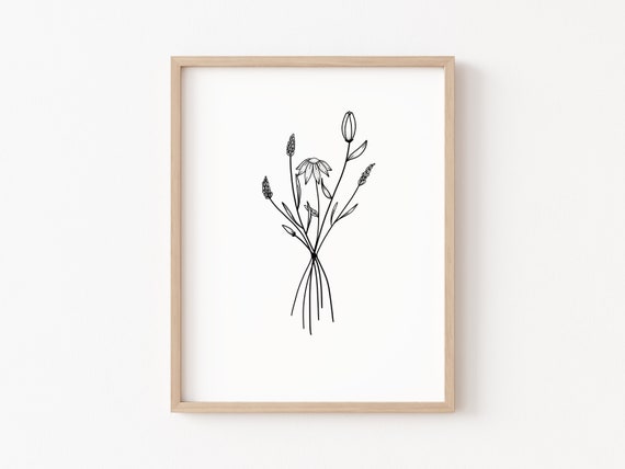 Minimal Flower Printable, minimal wall art, flower line art, minimal nursery art, botanical print, black and white flower art, bouquet art