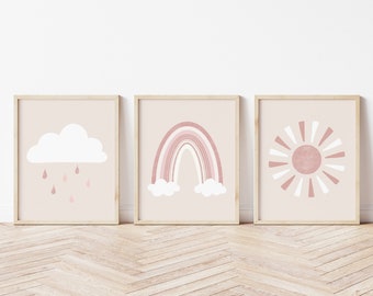 Neutral Nursery Print Set, Boho Nursery print set of 3, Rainbow Cloud Sun print, nursery wall art set, nursery cloud, nursery printables