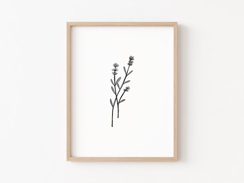 May include: A black and white line drawing of a lavender plant in a light wood frame.