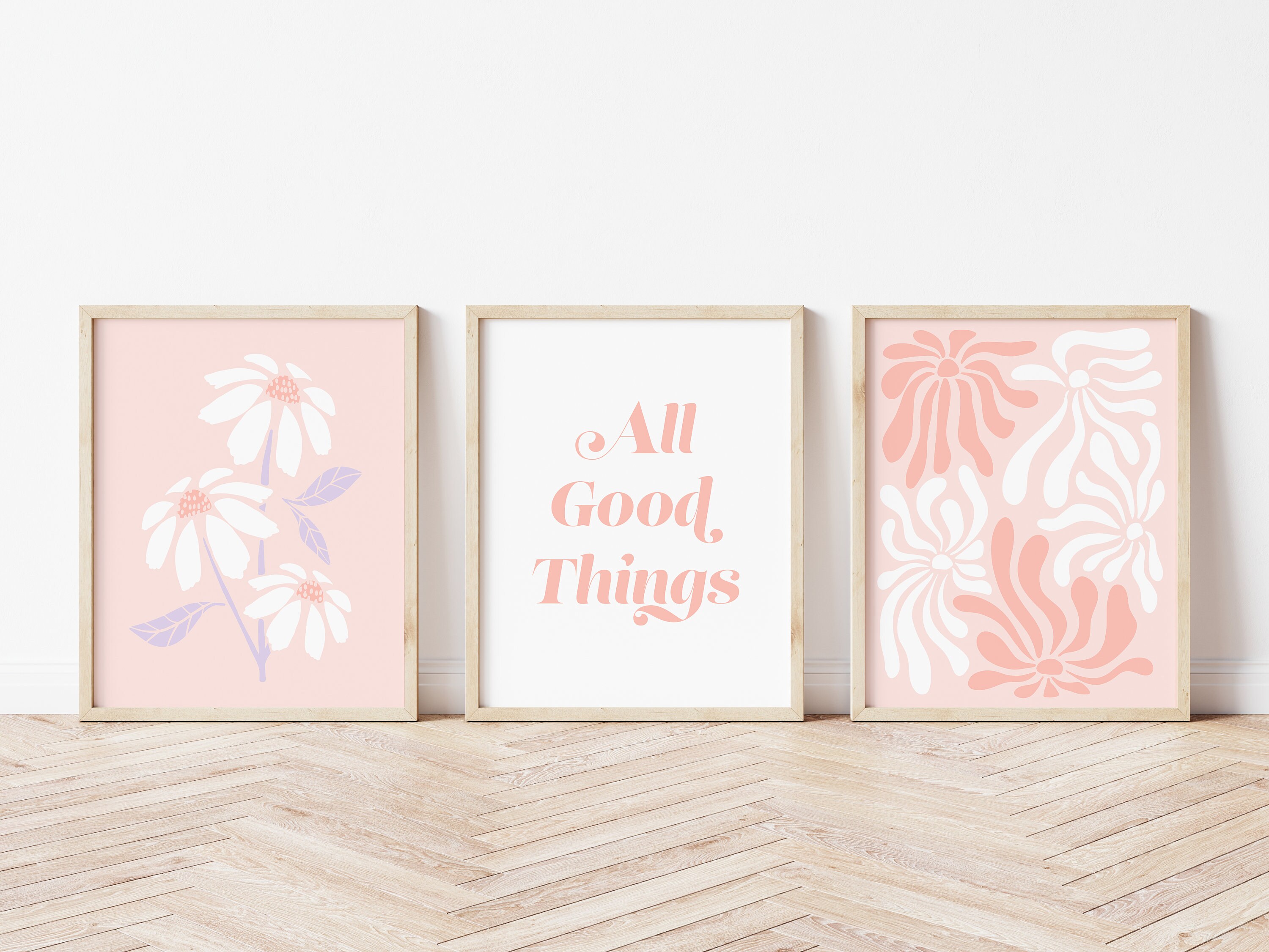 Pink Wall Art Set of 3 Light Pink Print Set Pink Flower Art Etsy