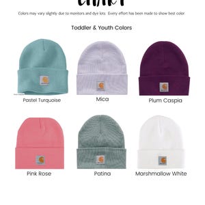 May include: Color chart of toddler and youth beanies in various colors. The beanies are displayed in pastel turquoise, mica, plum caspia, pink rose, patina, and marshmallow white. Each beanie has a small square patch.